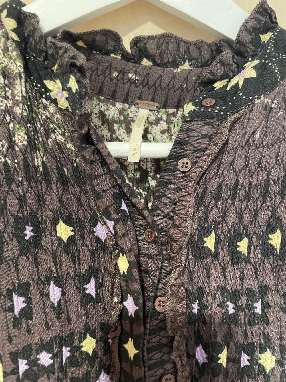 Free People Rare Feelings Brown Maxi Dress with Purple and Cream Floral Pattern